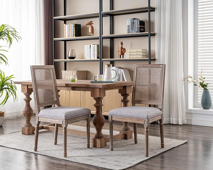 CIMOTA Farmhouse Dining Chairs Set of 6, French Rattan Dining Room Chairs with Rectangle Back/Distressed Wood Upholstered Vintage Side Chairs for Kitchen/Restaurant, Grey/6PCS