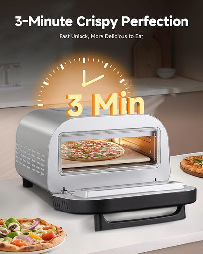 Upgraded Pizza Oven Heats up to 840°F Makes 12 Inch Pizzas in 90 Seconds Countertop Electric Pizza Maker with 6 Touchscreen Presets Pizza Stone & Peel Included - Stainless Steel