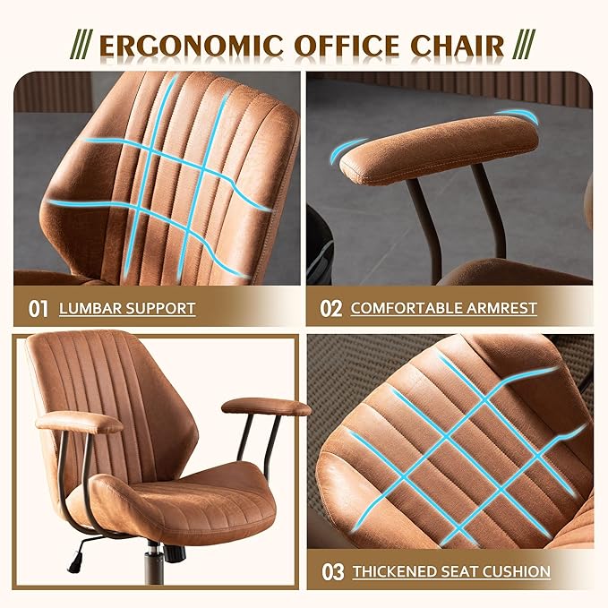 High Back Office Chair,Modern Swivel Office Chair,Brown Suede Fabric Gaming Chair,Height Adjustable Home Office Desk Chair with Lumbar Support