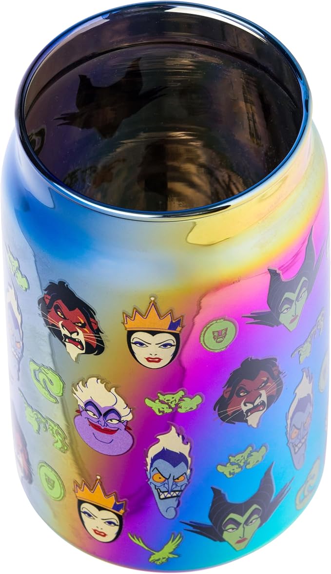 Silver Buffalo Disney Villains Featuring Scar, Maleficent, Ursula, Evil Queen, and Hades Chrome Glass Jar Tumbler with Bamboo Lid and Glass Straw, 16 Ounces