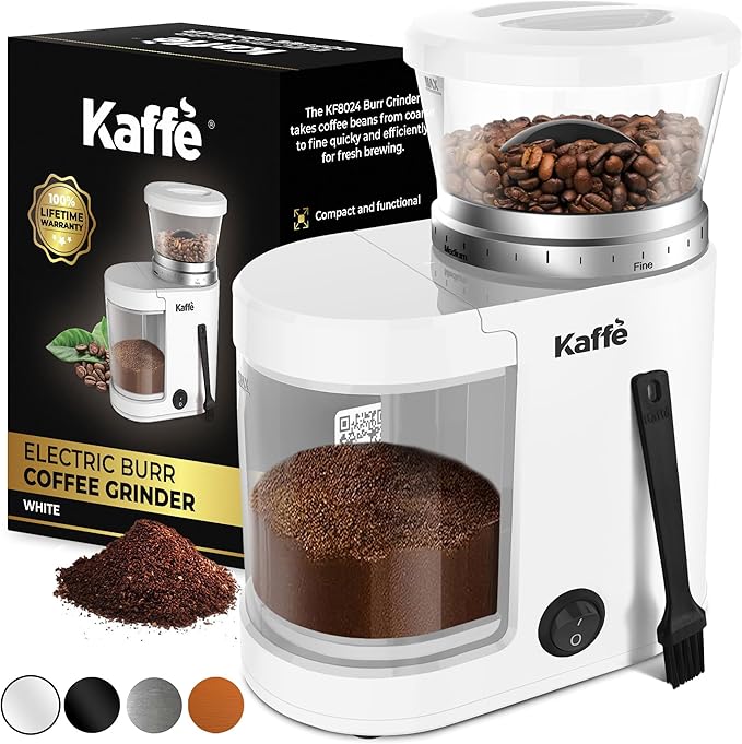 Kaffe Electric Burr Coffee Grinder (5.5oz) w/Adjustable Coarseness Settings - Flat Burr - [New Upgraded Motor ] - Precision Coffee Bean Grinder for Home Use - White