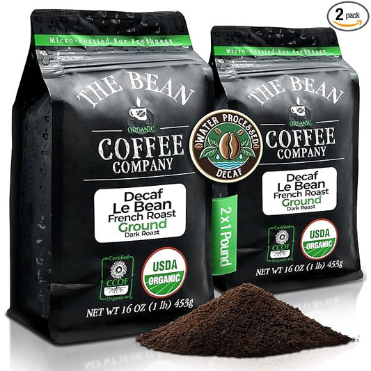 The Bean Organic Coffee Company Water Processed DECAF Le Bean, Dark French Roast, Ground Coffee, 16-Ounce Bags (Pack of 2), Café Molido Tostado Orgánico descafeinado