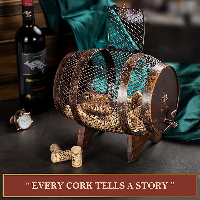 Rustic Metal Large Barrel Wine Cork Holder Display On Wooden Stand, Container for Display, Home Decor, Housewarming Gifts, Home Bar Decor, Wine Gifts, Engagement Gifts, Kitchen Decor