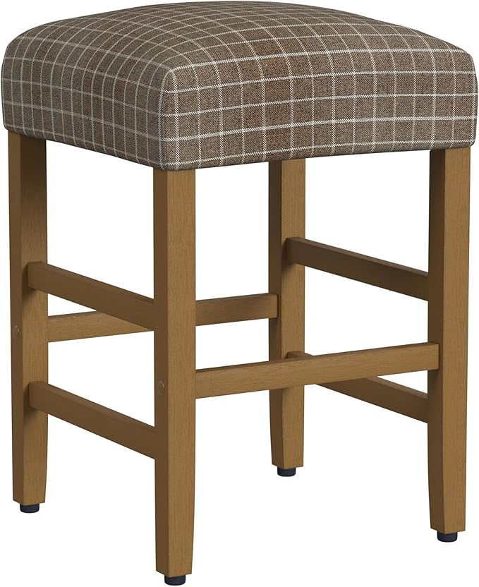 HomePop Home Decor |Classic Open-Back Counter Height Barstool| Square 24 Inch Bar Stools with Domed Cushion, Brown Window Pane Print