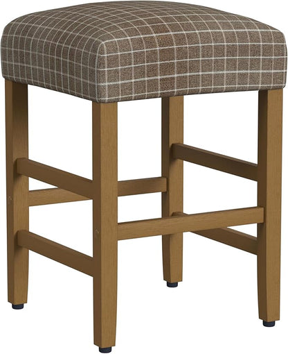 HomePop Home Decor |Classic Open-Back Counter Height Barstool| Square 24 Inch Bar Stools with Domed Cushion, Brown Window Pane Print