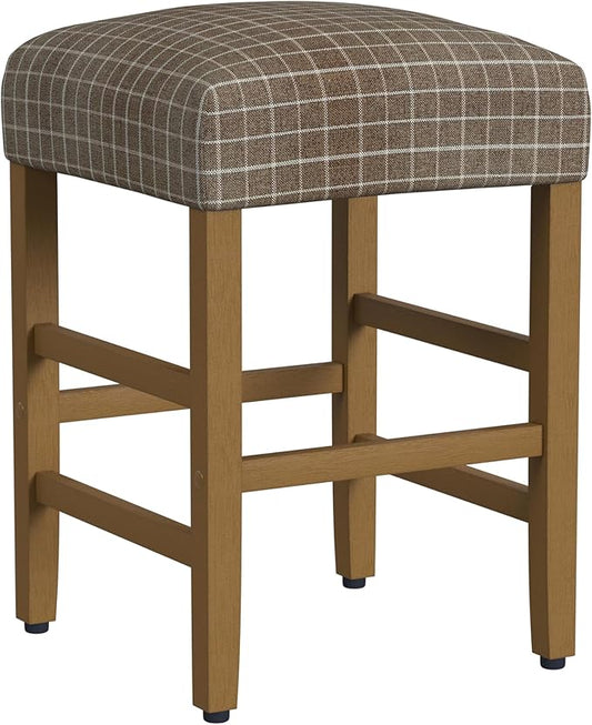 HomePop Home Decor |Classic Open-Back Counter Height Barstool| Square 24 Inch Bar Stools with Domed Cushion, Brown Window Pane Print
