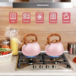 Load image into Gallery viewer, GGC Tea Kettle for Stove Top, Loud Whistling Kettle for Boiling Water Coffee or Milk, 3.1 Quart 3L Heavy Stainless Steel Pink Kettles with Wood Pattern Handle, Unique Button Control Kettle Outle