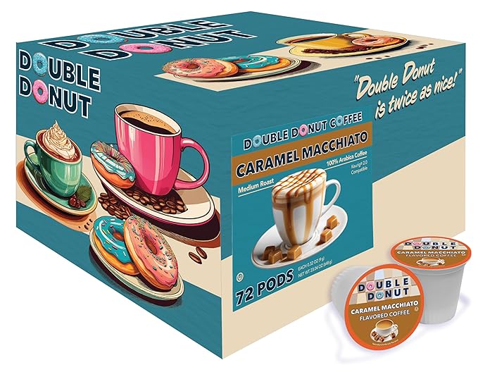 Double Donut Caramel Macchiato Flavored Coffee Pods,Medium Roast Coffee Compatible with Keurig K Cups Brewers, 72 Count