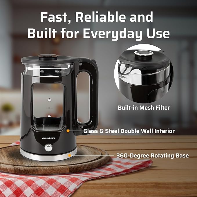 Epsilon 1.7L Glass Electric Kettle – Hot Water Tea Kettle with LED Light, Stainless Steel & Borosilicate Glass, Auto Shut-Off, BPA-Free Electric Teapot, 1100W Fast Boil, Cool Touch