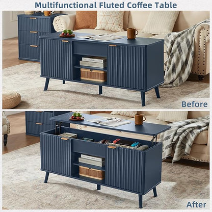 LEYAOYAO 48" Fluted Lift Top Coffee Table with Hidden Storage & Adjustable Shelves, Lifting Tabletop Large Rectangular Coffee Tables, Mid Century Modern Wood Center Table for Living Room, Nave Blue