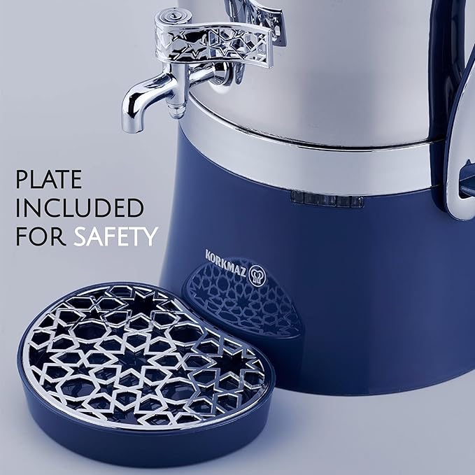 Korkmaz Hanedan A843-03 Stainless Steel Samovar, Upper Pot 1.3 L (43.9 Oz), Bottom Pot 3.5 L (118.3 Oz) Electric Turkish Tea Maker Set, Double Pots Tea Machine, Inox, Chrome, 110 V US Plug, 5.1- Quart