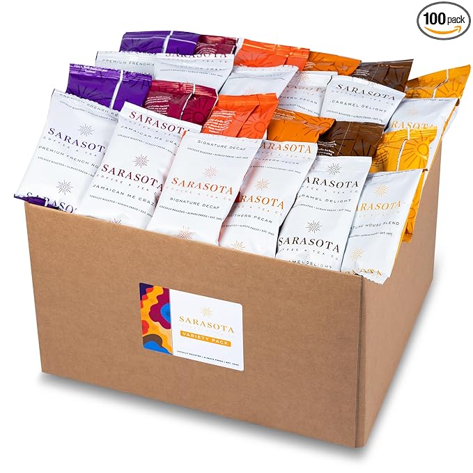Coffee Variety Pack – Medium, Dark, Decaf & Flavored Ground, 1.75oz Bulk Packs for 12-Cup Drip Coffee Makers, Gourmet Low-Acid Assorted Gift Sampler, 100 Count