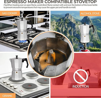 Aluminum 6 Cup 300ml Moka Pot Express Coffee Maker Stovetop Espresso Percolator Coffeemaker Italian Classic Style Brewing Greca Cafe Mocha Machine for Cafeteras Lover Camping Travel and Home Use 10oz