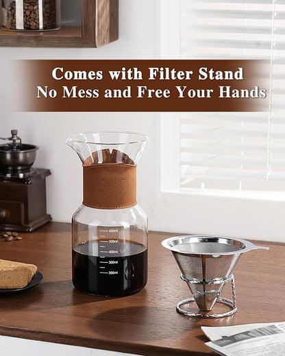 Pour Over Coffee Maker with Double-Layer Stainless Steel Filter, 20 oz Pour Over Coffee Dripper, Glass Carafe with Vintage Leather Collar and Cork Lid & Filter Stand for Espresso