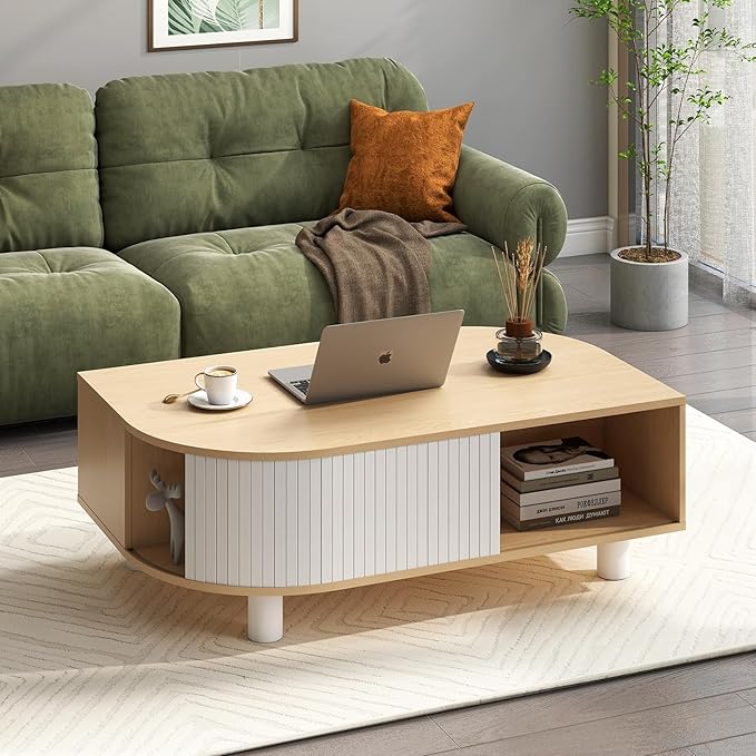 Boho 39.4" Coffee Table with Storage - Leaf-Shaped Wood Center Table, Retro Fluted Central Table with Sliding Door & Large Hidden Compartment, for Living Room Home Office, Oak