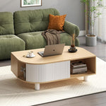 Load image into Gallery viewer, Boho 39.4" Coffee Table with Storage - Leaf-Shaped Wood Center Table, Retro Fluted Central Table with Sliding Door &amp; Large Hidden Compartment, for Living Room Home Office, Oak