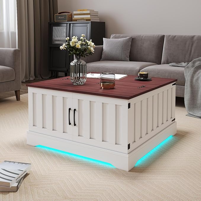 31.5" Lift Top Coffee Table with Storage, Led Square White Coffee Table with Large Hidden Storage, Wood Living Room Table Center Table for Living Room Dining Reception Room