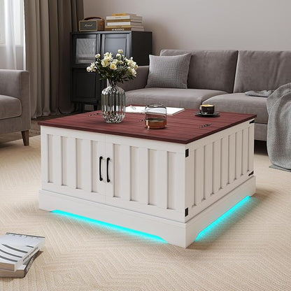 31.5" Lift Top Coffee Table with Storage, Led Square White Coffee Table with Large Hidden Storage, Wood Living Room Table Center Table for Living Room Dining Reception Room