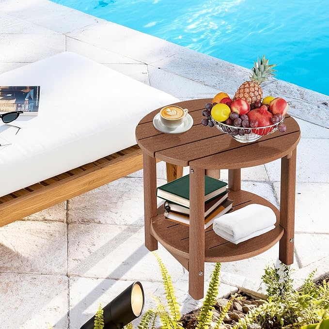 LZRS Round Adirondack Side Table Double End Table, Outdoor Side Tables for Patio, Backyard,Pool, Indoor Companion, Easy Maintenance & Weather Resistant(Brown)