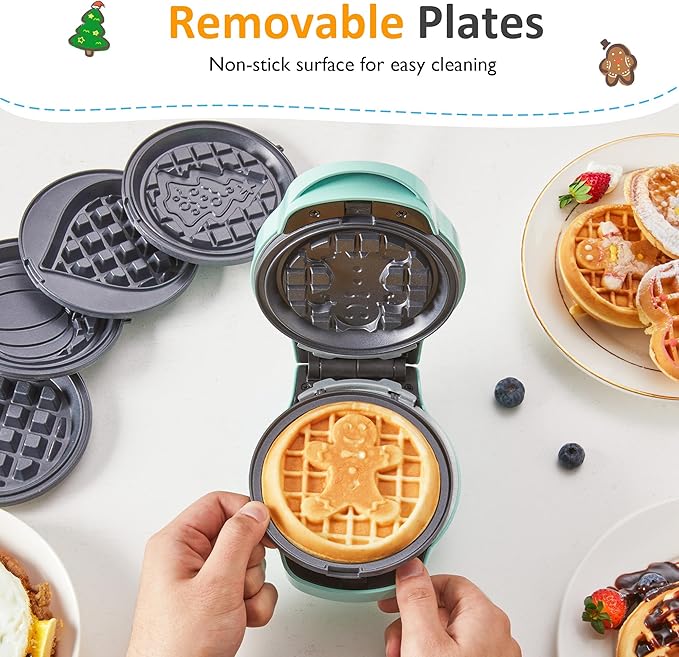 6 in 1 Mini Waffle Maker, 4” Waffle Iron with Removable Non-stick Plates, Perfect Mini Waffle Maker Machine for Kids and Families, Light Blue