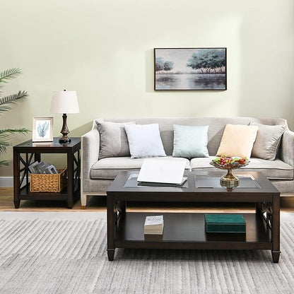 Solid Wood Coffee Table with Tempered Glass Top, Farmhouse Living Room Center Table with 2-tire Storage Shelf, Traditional Cocktail Table, 45.5” x 26” x 19” Easy Assembly, Vintage Walnut KFZ1318DC