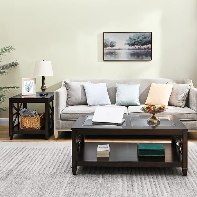 Solid Wood Coffee Table with Tempered Glass Top, Farmhouse Living Room Center Table with 2-tire Storage Shelf, Traditional Cocktail Table, 45.5” x 26” x 19” Easy Assembly, Vintage Walnut KFZ1318DC