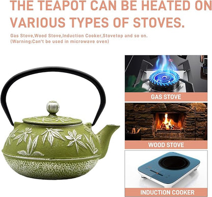 Cast Iron Teapot Tea Kettle with Stainless Steel Infuser for Stovetop Safe Coated with Enameled Interior Japanese Tetsubin with Maple Leaves Pattern(30.4oz/900ml) (Color-2)