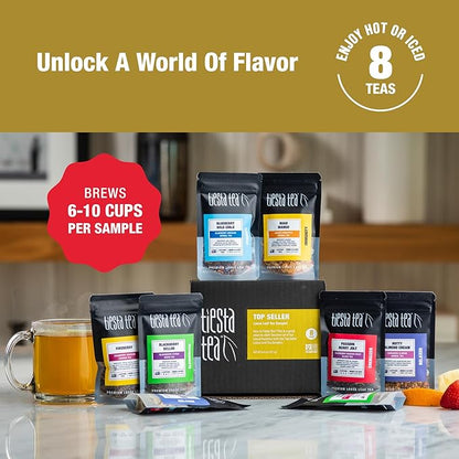 Tiesta Tea - Top 8 Favorites Sampler Set, Loose Leaf, Up to 80 Cups, High to No Caffeine, Hot & Iced, Tea Variety Pack with Green, Herbal, Black & Chai Brew, 8 Sample Pouches