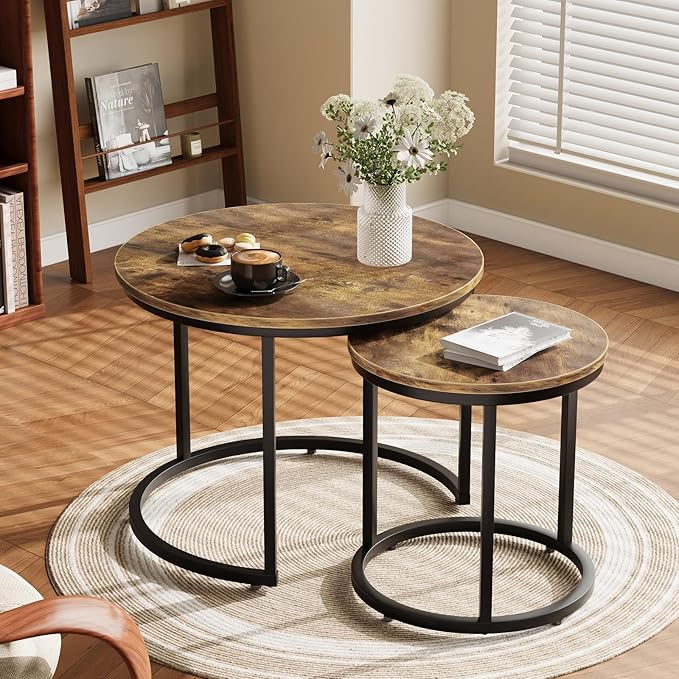 Smuxee Nesting Coffee Table Set of 2, 23.6" Round Coffee Table Rustic Wood Top with Adjustable Non-Slip Feet, Industrial End Table Side Tables for Living Room Bedroom Balcony Yard