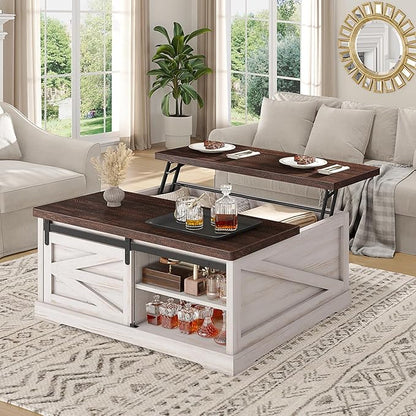 Itaar 39.4'' Lift Top Coffee Table with Storage, Farmhouse Coffee Tables for Living Room, Square Coffee Table with Large Hidden Compartment & 2 Drawers & Adjustable Shelves, White