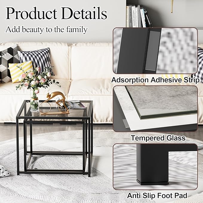 VILAWLENCE Coffee Table Set of 2, Modern Grey Glass Side Table, Metal Frame Square End Table, Center Tables, Nesting Coffee Table for Living Room, Bedroom and Small Spaces, 23.6in