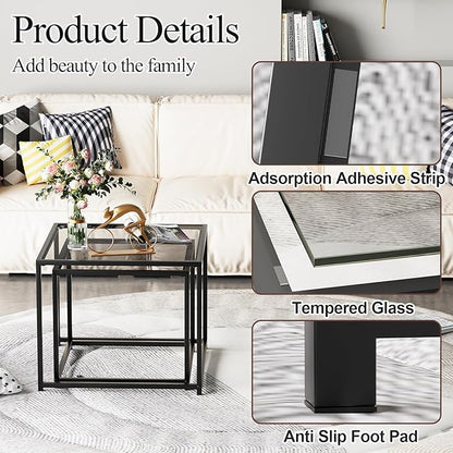 VILAWLENCE Coffee Table Set of 2, Modern Grey Patterned Glass Side Table, Metal Frame Square End Table, Center Tables Nesting Coffee Table for Living Room,Bedroom and Small Spaces