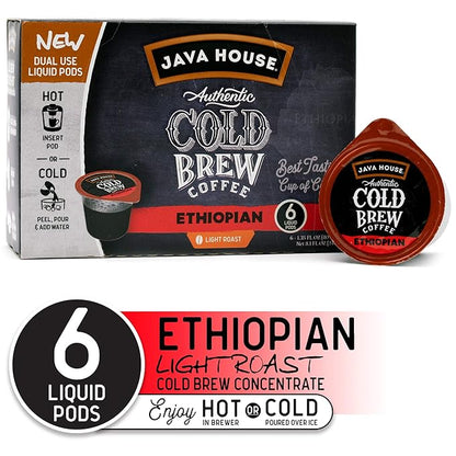 JAVA HOUSE Light Roast Ethiopian Cold Brew Pods, (6 Count) Peel and Pour Pods Hot or Iced Instant Coffee Concentrate