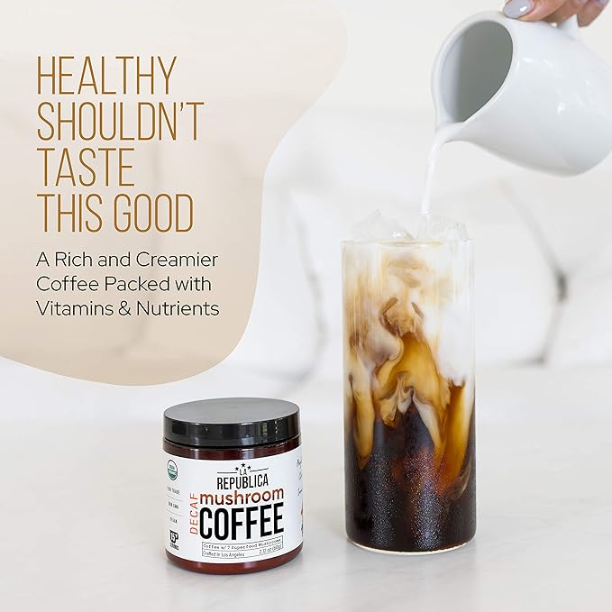 La Republica DECAF Organic Mushroom Coffee (35 Servings) with 7 Superfood Shrooms, Great Tasting Instant Mix Includes Lion's Mane, Reishi, Chaga, Cordyceps, Shiitake, Maitake, and Turkey Tail (Decaffeinated)