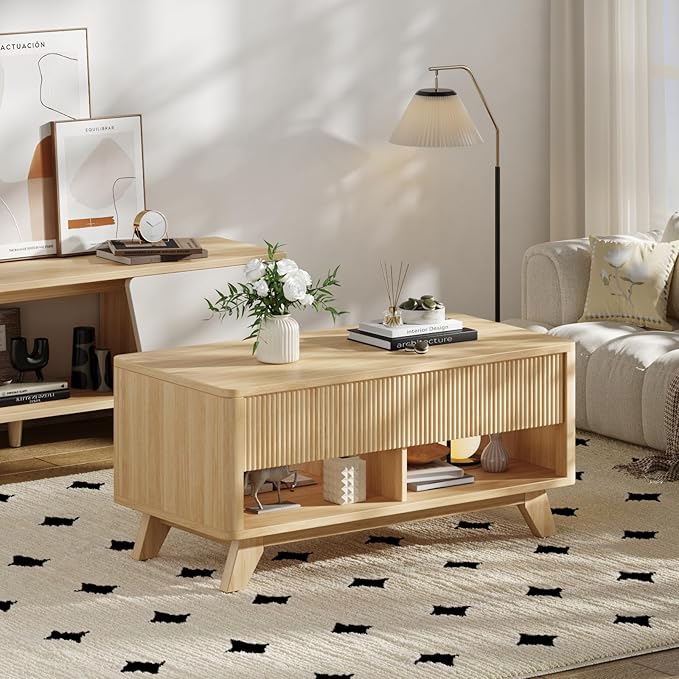 Farmhouse Lift Top Coffee Table, Mid Century Modern Coffee Table with Hidden Storage Compartment, Fluted Rising Pull up Wood Modern Center for Living Room, Office, Natural Oak
