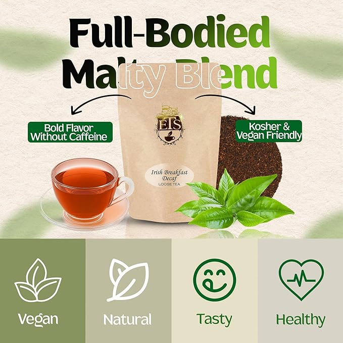 English Tea Store CO2 Decaffeinated Irish Breakfast Tea Pouches - 4oz | Loose Leaf Black Tea | Bold Full-Bodied Flavor | Blend of Assam and Kenyan Teas | Naturally Decaffeinated Using CO2 Process