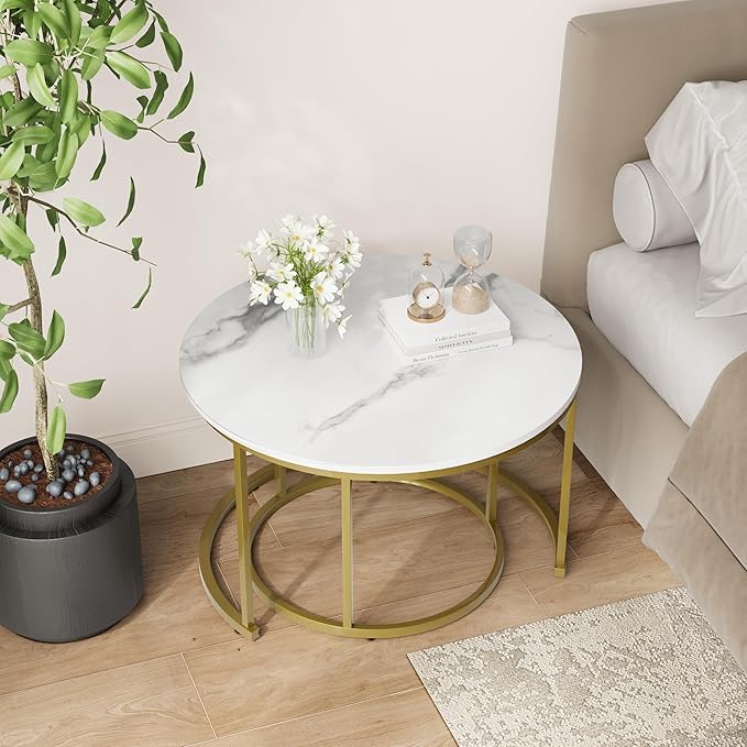 Smuxee White Nesting Coffee Table Set of 2, 27.6" Round Coffee Table Wooden Marble Pattern with Adjustable Non-Slip Feet, Industrial End Table for Living Room Bedroom Balcony