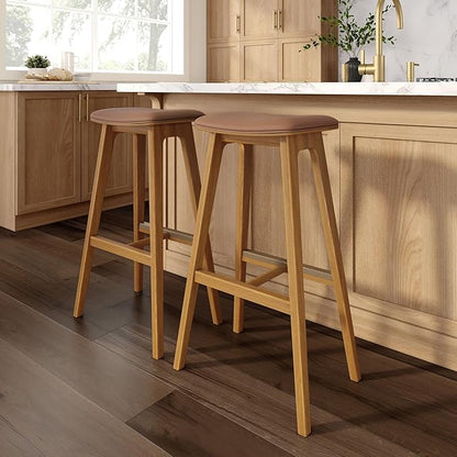 Plank+Beam Beryl Bar Height Stool - Mid-Century Modern Rubberwood Bar Stool with Faux Leather Seat, Metal Footrest, Easy Assembly, 4-Pack, Pecan/Toffee