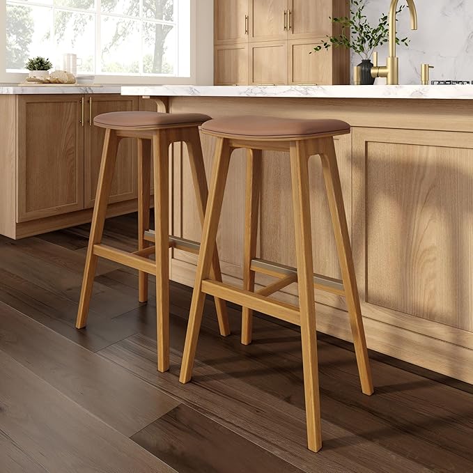 Plank+Beam Beryl Bar Height Stool - Mid-Century Modern Rubberwood Bar Stool with Faux Leather Seat, Metal Footrest, Easy Assembly, 2-Pack, Pecan/Toffee