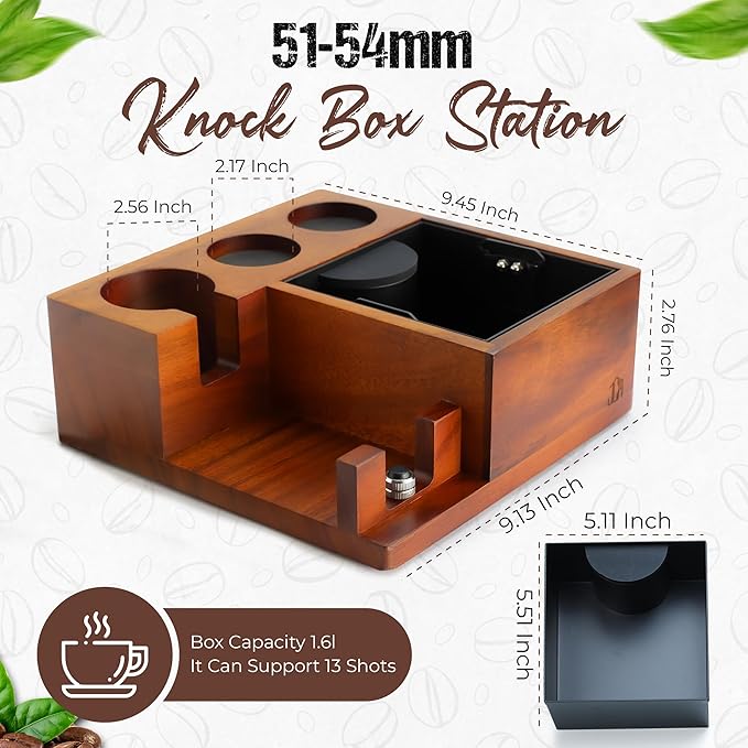Espresso Knock Box & Tamping Station - Coffee Organizer Box for 51-54mm Tamper, Distributor, Portafilter Accessories - Includes Cleaning Brush