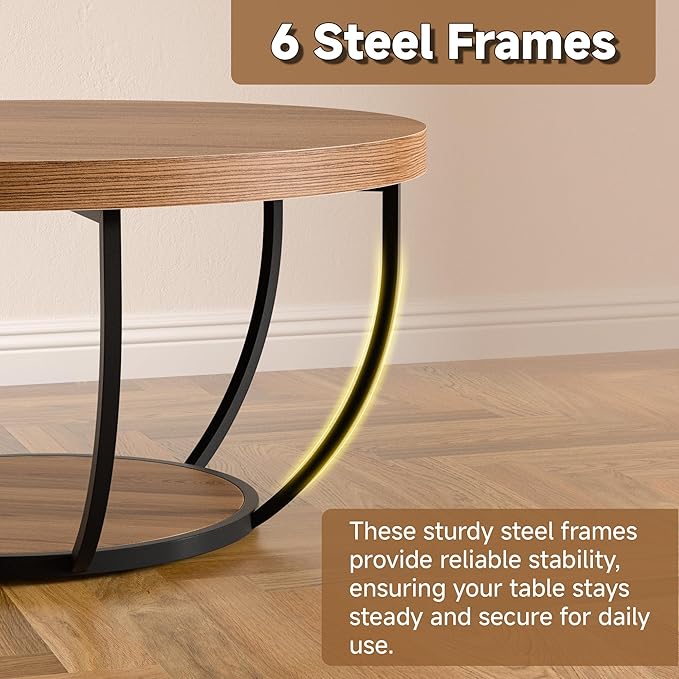 Round Coffee Table, 31" Coffee Table for Living Room Decor, 2-Tier Storage with Steel Frame, Space-Saving Wood Center Table, Modern Style Easy Assembly (Brown)