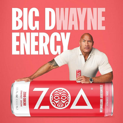 ZOA Zero Sugar Energy Drinks, Strawberry Watermelon - Sugar Free with Electrolytes, Healthy Vitamin C, Amino Acids, Essential B-Vitamins, and Caffeine from Green Tea - 12 Fl Oz (12-Pack)