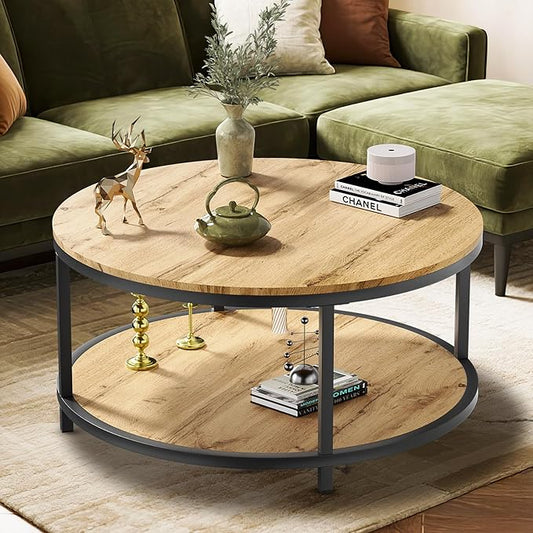 NSdirect Round Coffee Table, 36in Rustic Wooden Surface Top & Sturdy Metal Legs Industrial Sofa Table for Living Room Modern Design Home Furniture with Storage Open Shelf (Natural Walnut)