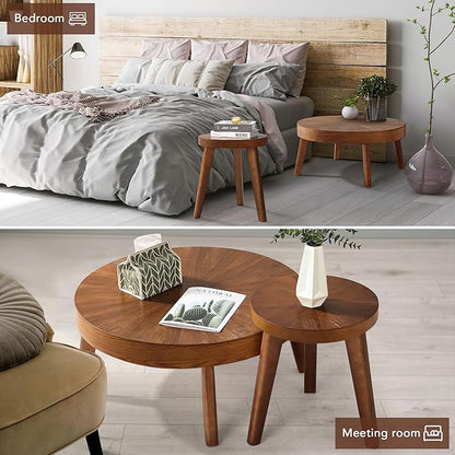 Farmhouse Round Coffee Table Set of 3, Boho Sofa Side Nesting Tables End Table Set with Wood Natural Finish for Living Room, Bedroom, Home Office,Brown