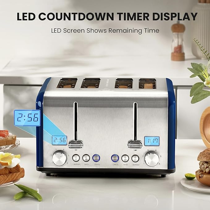 Roter Mond Countdown Stainless Steel 4 Slice Toaster with Bagel, Defrost, Cancel Function, Dual Toaster, Extra Wide Slots, 6 Shade Settings, Removable Crumb Trays, 1650W, Blue