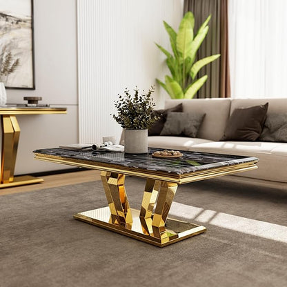 Living Room Table Set - 3 Piece Coffee Table With 2 End Tables, Black and Gold for Home Apartment Office