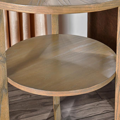 PADMA HOUSE 19.3" Round Wood End Table, 2-Tier Solid Wood Rounded Accent Side Table Circle Nightstand Table with Storage Shelf Vintage Furniture for Home Living Room Bedroom,Rustic Natural 3338