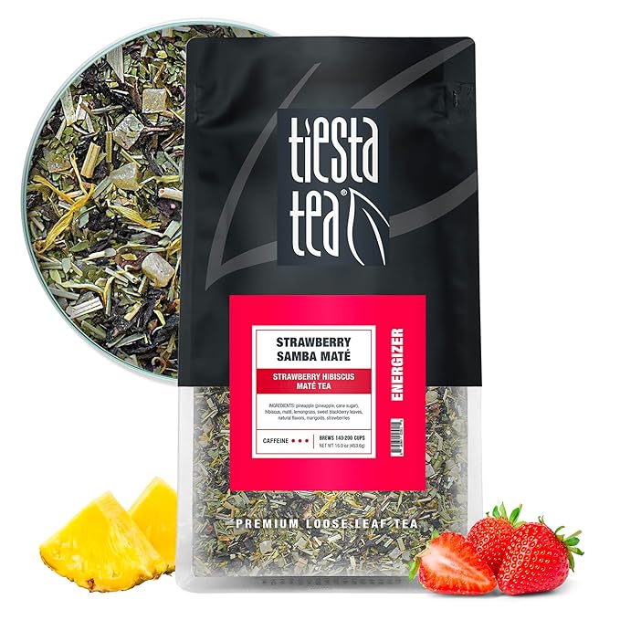 Tiesta Tea - Strawberry Samba Mate, Loose Leaf, Strawberry Hibiscus Mate Tea, High Caffeinated Fruit Blend, Make Hot or Iced Up to 200 Cups, 16oz Resealable Bulk Pouch