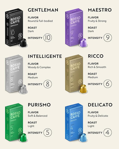 ROSSO CAFFÈ 60 Espresso Coffee Pods for Nespresso Original Machines - Premium Capsule Sampler Variety Pack 6 Flavors, Rich Breakfast to Intense Roasts