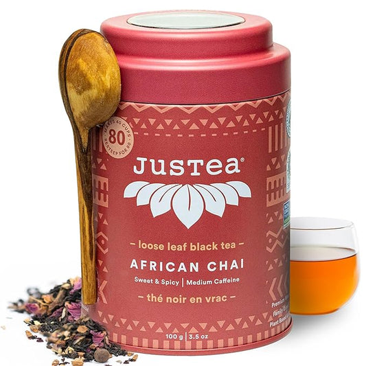 JusTea AFRICAN CHAI | Loose Leaf Black Tea | Tin with Hand Carved Tea Spoon | 40+ Cups (3.5oz) | Medium Caffeine | Award-Winning | Fair Trade | Non-GMO